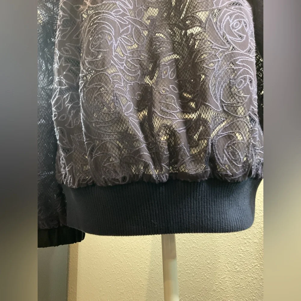 Anthropologie Elevenses Navy Blue Lace Bomber Jacket - Picture 11 of 16